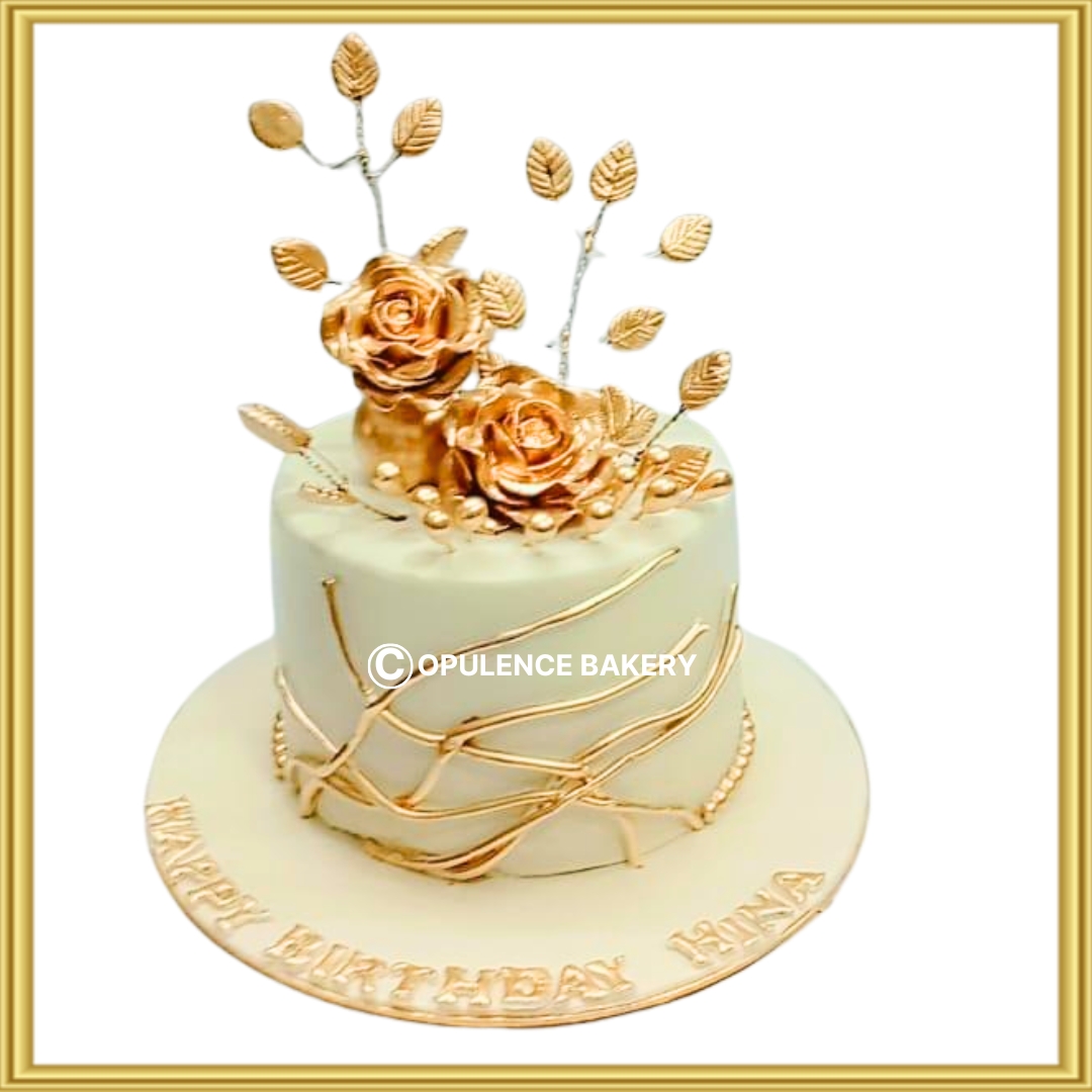 Designer gold rose luxury theme birthday cake in Lahore by Opulence Bakery.