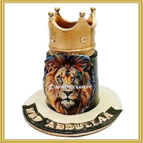 Custom royal lion king cake in Lahore featuring a 3D gold crown topper and lion portrait by Opulence Bakery.