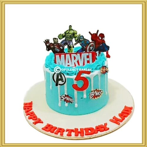 Customized Marvel Avengers superhero theme birthday cake in Lahore by Opulence Bakery.