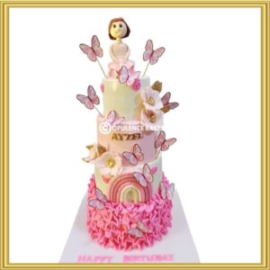 Customized multi-tiered pink fondant butterfly princess cake in Lahore by Opulence Bakery.