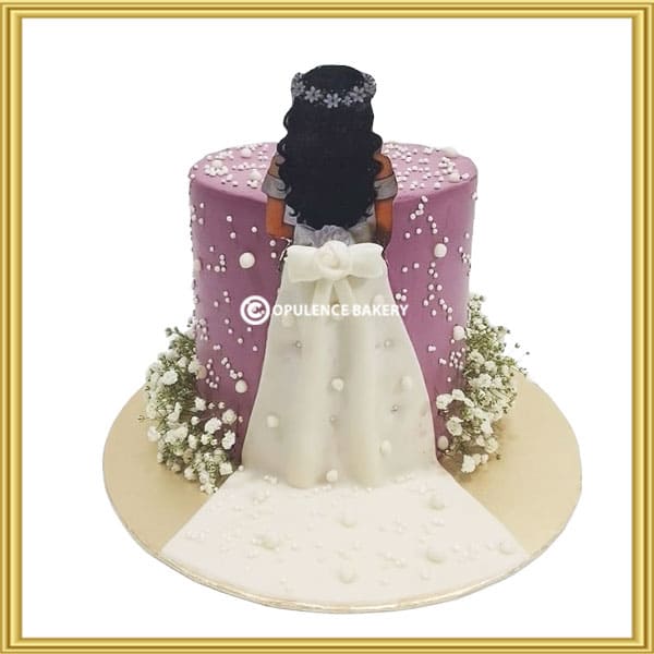 Fondant bride dress bridal shower theme cake in Lahore by Opulence Bakery.