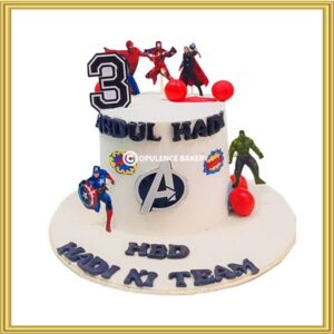 Custom Avengers 3rd birthday superhero cake with Spider-Man, Hulk, Thor, and Captain America in Lahore