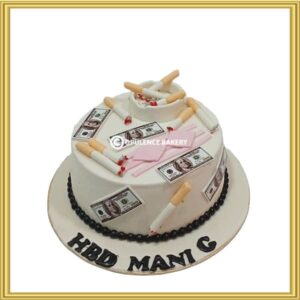 Custom cigarette and money theme birthday cake for husband in Lahore by Opulence Bakery.