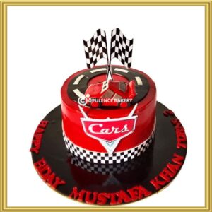 Custom Disney Cars Lightning McQueen 2nd birthday cake with checkered race flags in Lahore