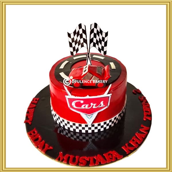 Custom Disney Cars Lightning McQueen 2nd birthday cake with checkered race flags in Lahore