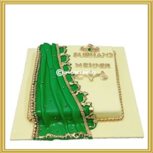 Custom Groom's Mehndi traditional green dupatta cake with metallic gold embroidery in Lahore