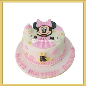 Designer Minnie Mouse theme birthday cake for girls in Lahore by Opulence Bakery.