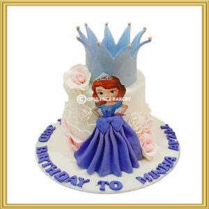 Custom Princess Sofia 3rd birthday cake with royal blue crown and sugar roses in Lahore