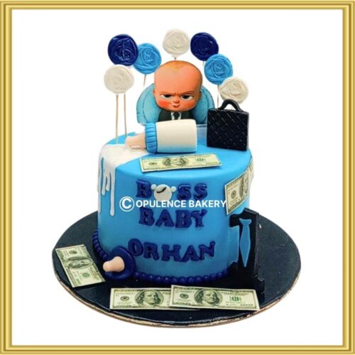 Custom Boss Baby 1st birthday fondant cake with dollar notes and briefcase in Lahore