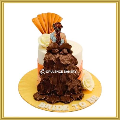 Bride to be gown fondant cake in Lahore with chocolate ruffled dress