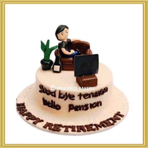 Retirement fondant cake in Lahore with couch, TV, and Goodbye Tension Hello Pension message