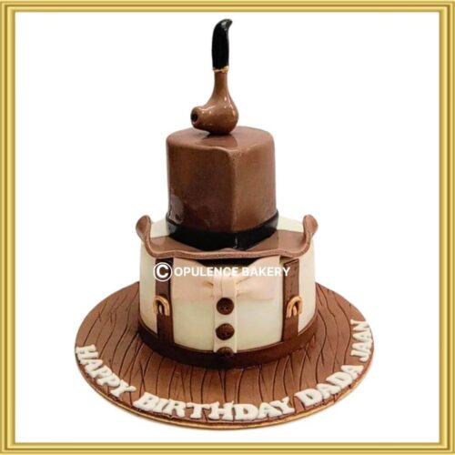 Gentleman theme birthday cake in Lahore with top hat, pipe, and suspenders for Dada Jaan