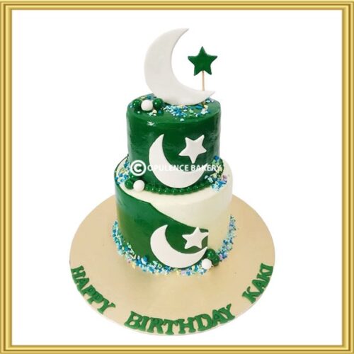 2-tier 14th August Independence Day Pakistan flag cake in Lahore by Opulence Bakery.