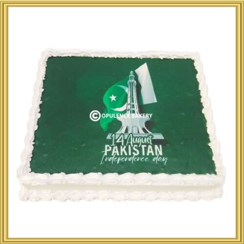 Rectangular Jashan Azadi custom cake with Minar-e-Pakistan print in Lahore by Opulence Bakery.