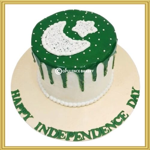 Pakistan flag green drip cake with crescent moon and star in Lahore by Opulence Bakery.