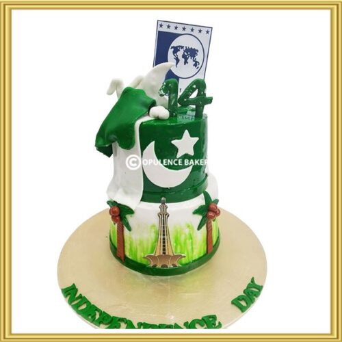 2-tier Pakistan Independence Day cake with 3D flag drape and Minar-e-Pakistan in Lahore by Opulence Bakery.